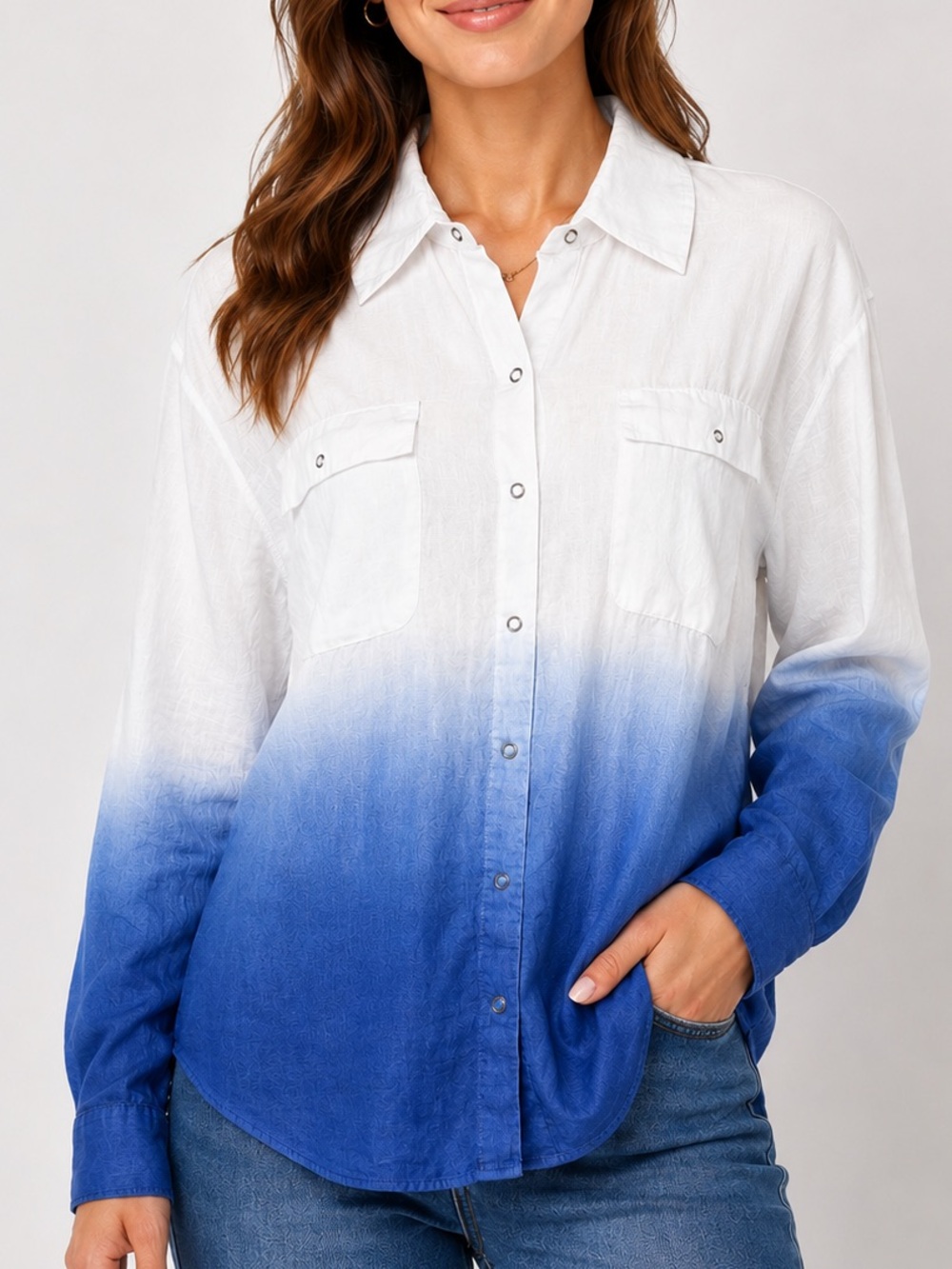 Elie Tahari Women’s Size SP White Blue Ombre Shirt Button Down Ramie Dip Dye